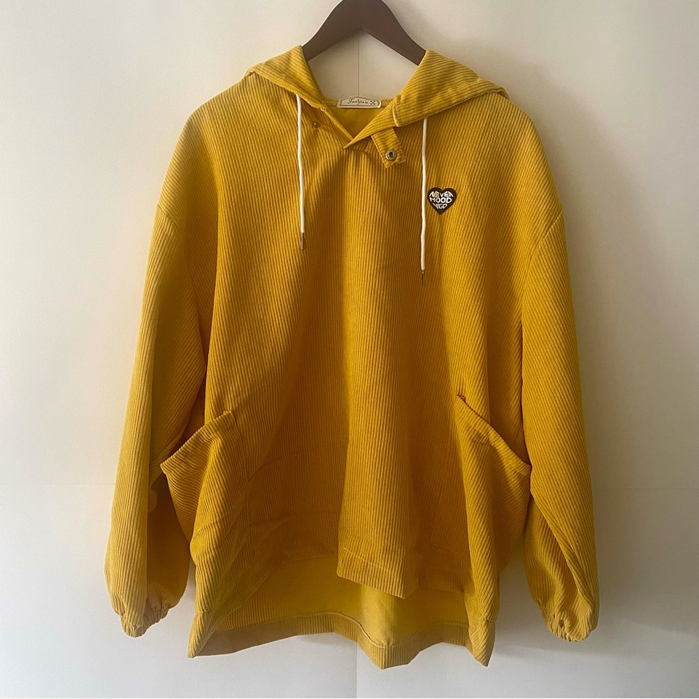 Whyessa Oversized Corduroy Hoodie | Size L | Yellow with Black Heart Appliqué